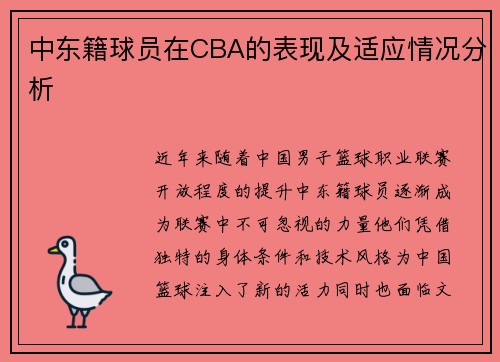 中东籍球员在CBA的表现及适应情况分析